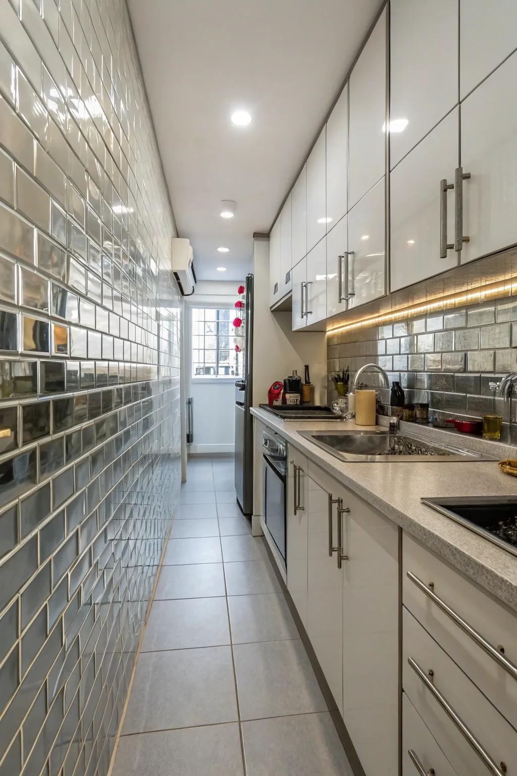 Brightness and depth are added to this kitchen by a reflective backsplash.