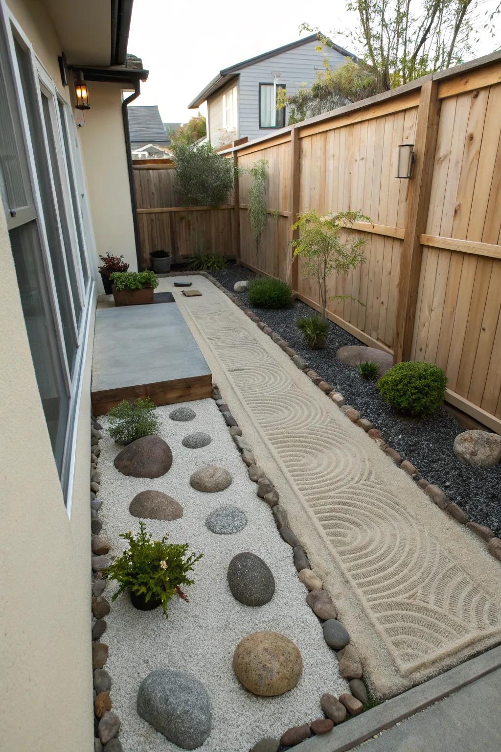 Zen garden elements introduce tranquility to narrow side yards.