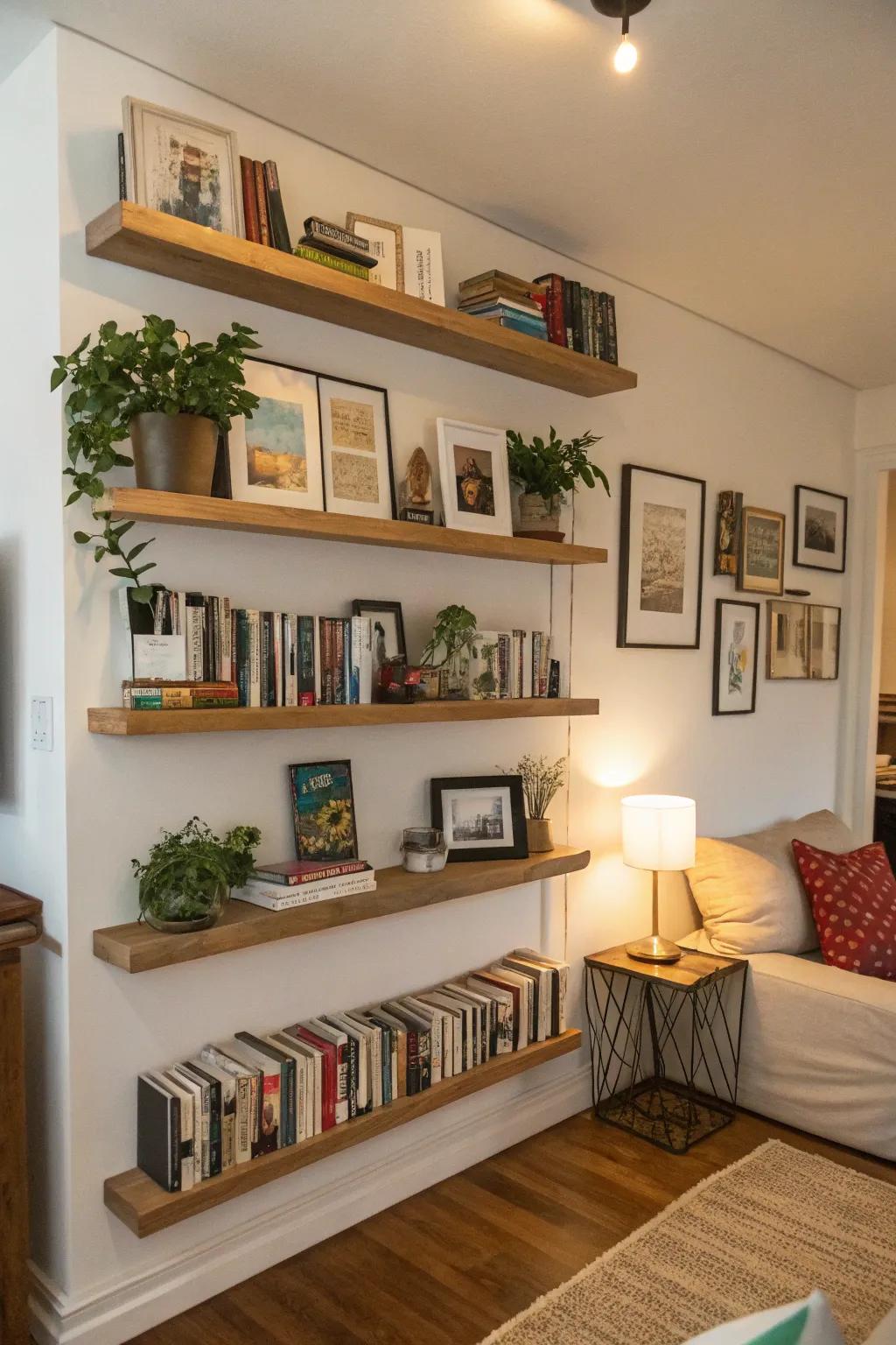 Floating shelves add storage while keeping the floor clear.