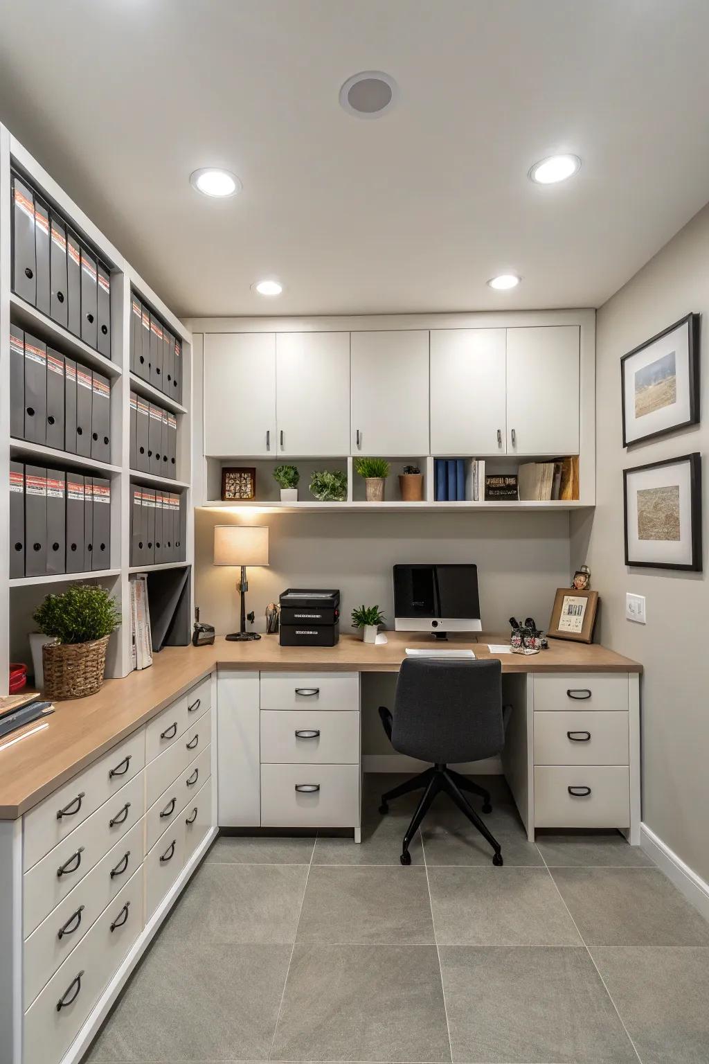 Symmetrical arrangements bring a sense of balance and calm to small workspaces.