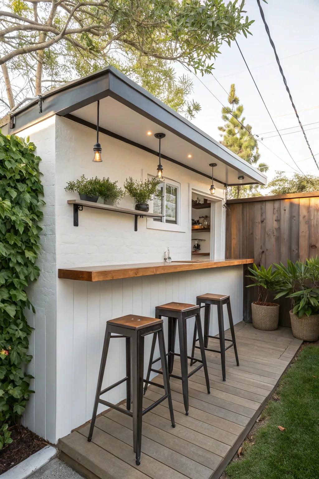 A wall-affixed bar delivers a fashionable solution for outdoor entertaining.
