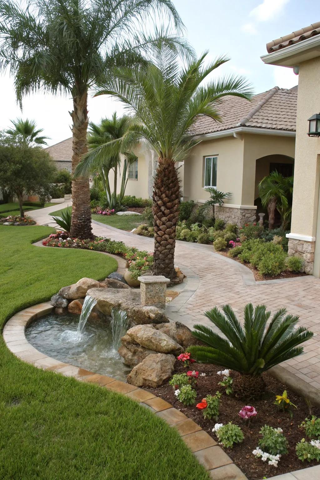 A water feature among palms creates a tranquil oasis in your garden.