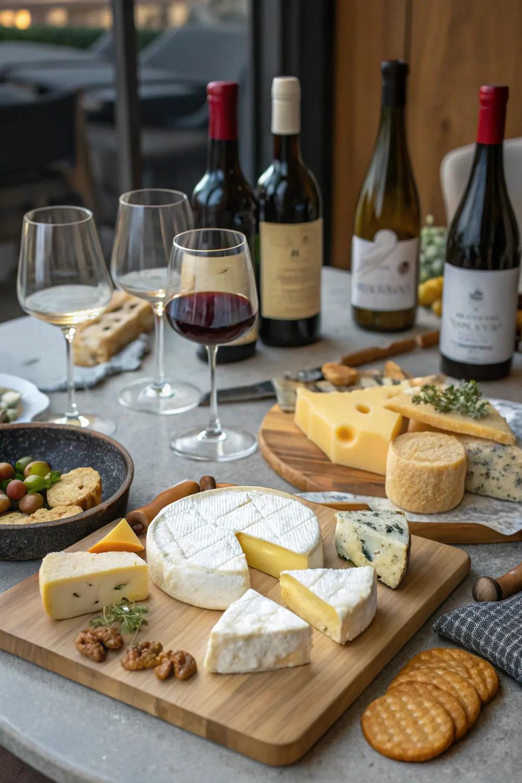 A wine and cheese tasting setup with assorted cheeses and wines.