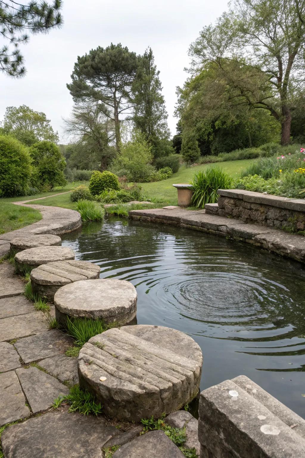 Built-in seating encourages relaxation by a tranquil pond.