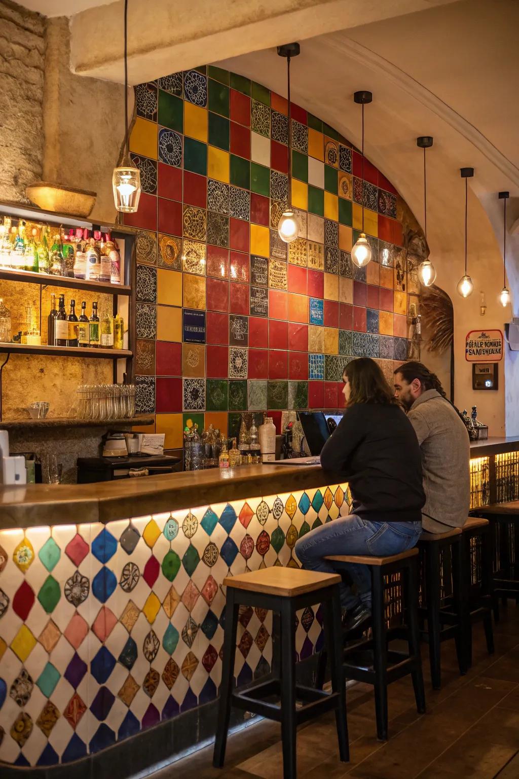 A vibrant back panel introduces vitality and vogue into a petite restaurant bar.