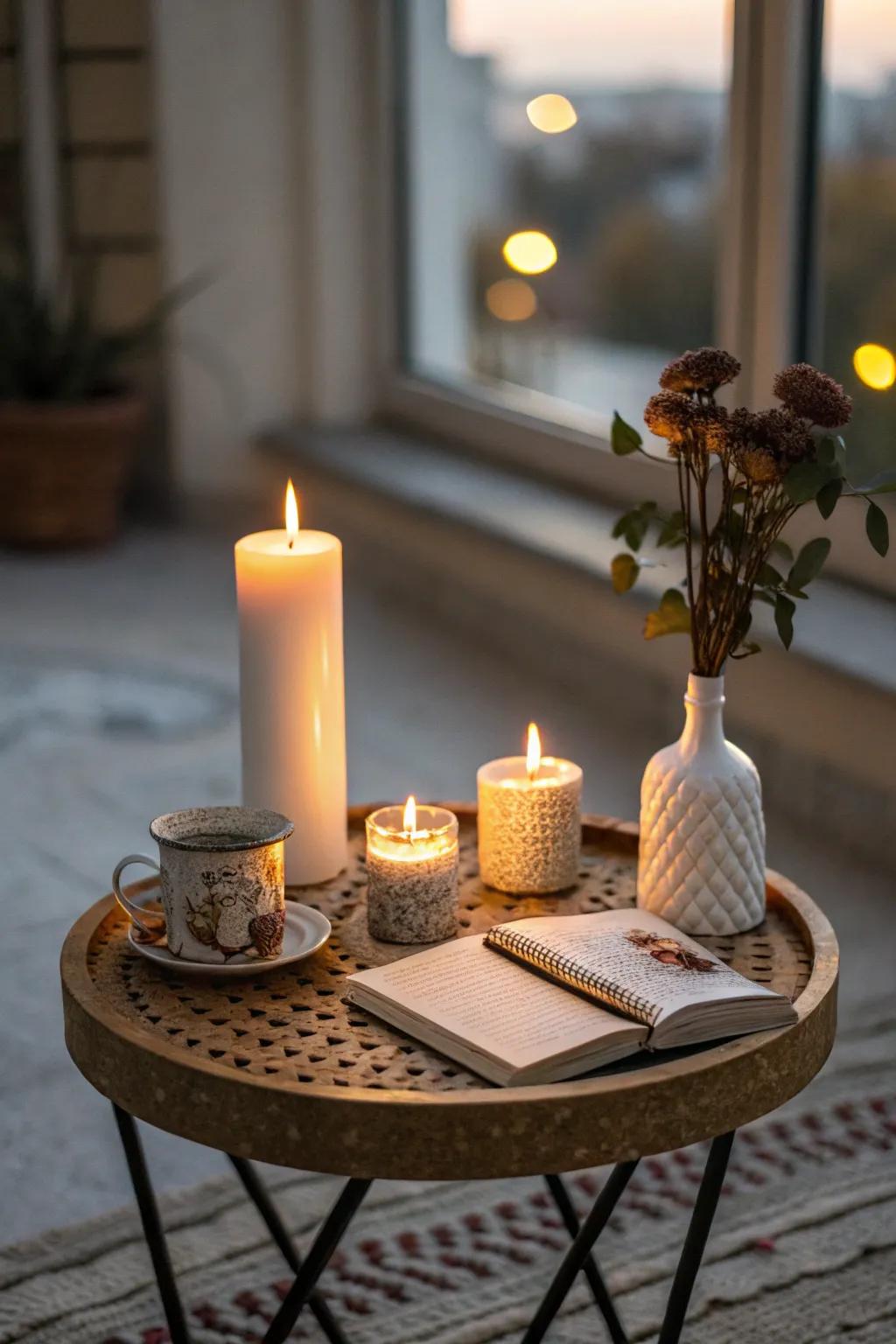 Candles introduce warmth and ambiance to an accent table.