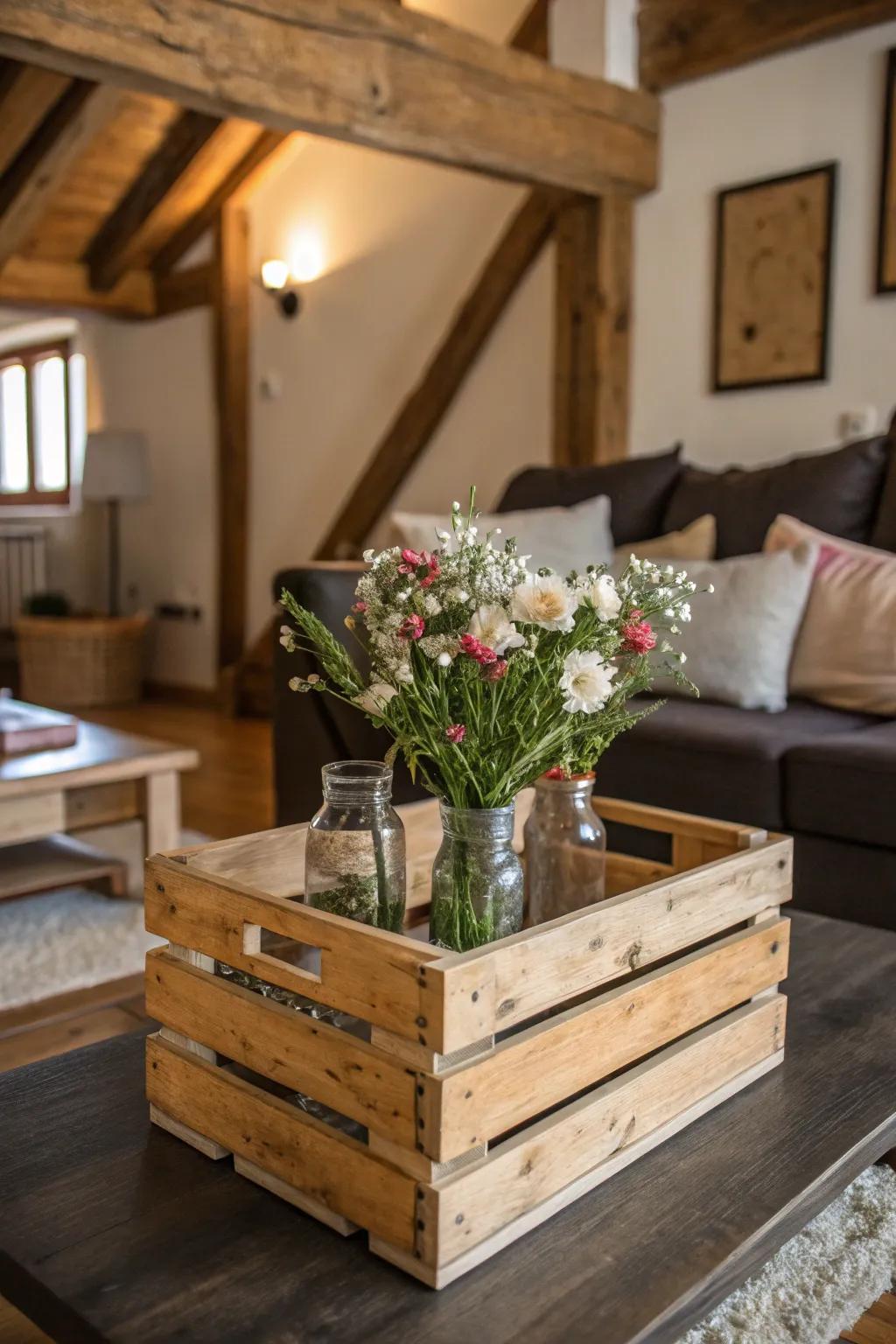 A wood box holding flowers adds countryside charm to any room.