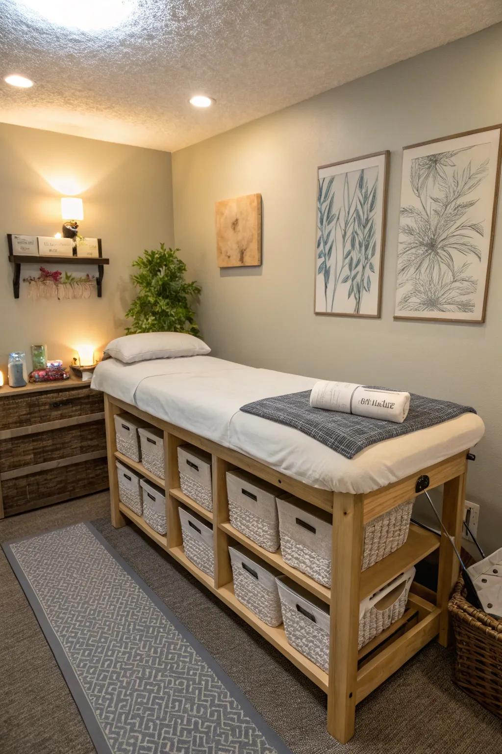 Under-table storage keeps essentials close and the room tidy.