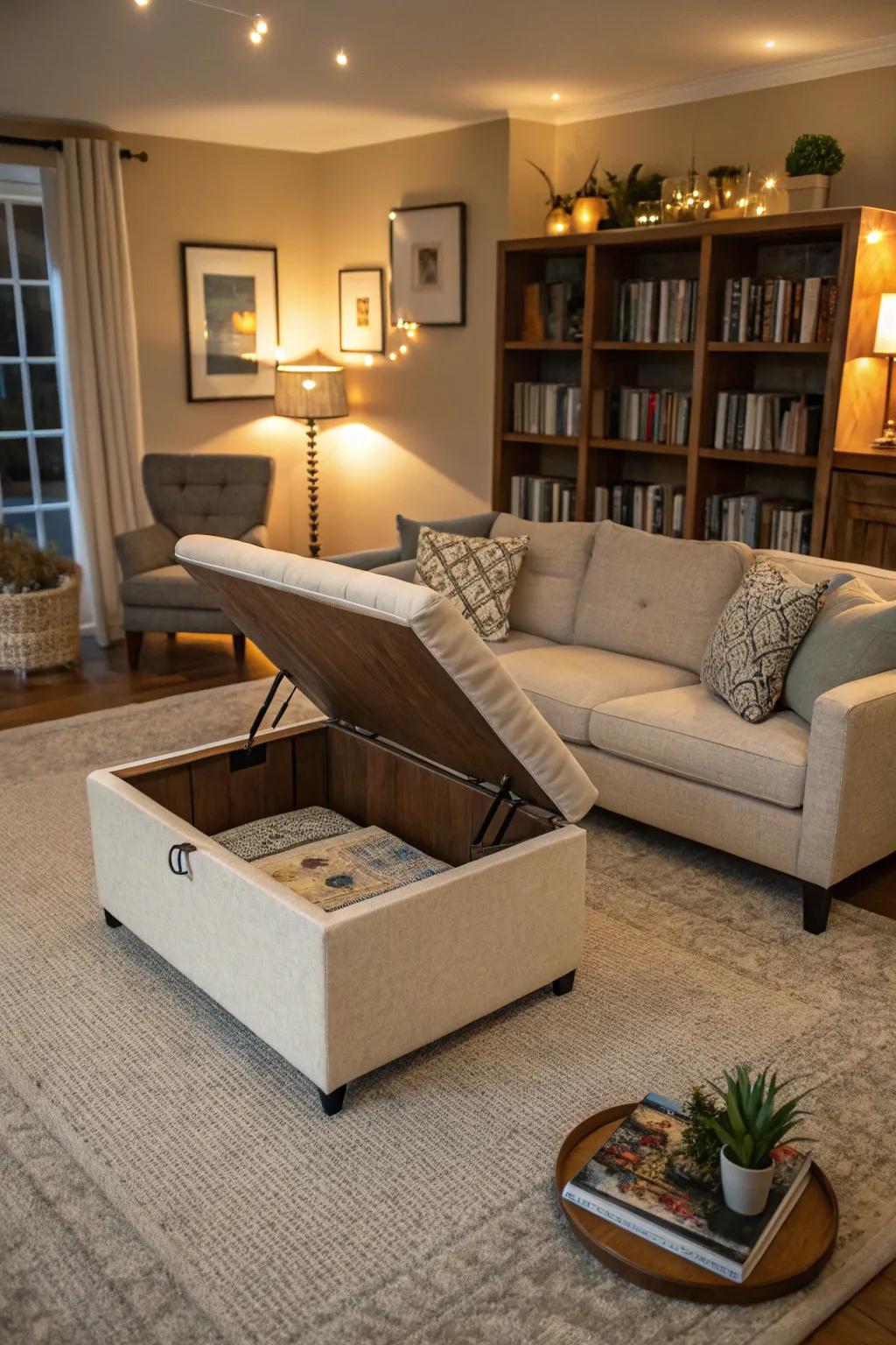 An ottoman in a living room that offers hidden storage space.