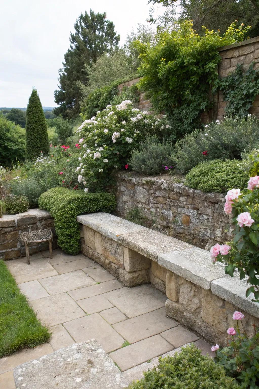 A multi-purpose stone wall that serves as both seating and decoration.