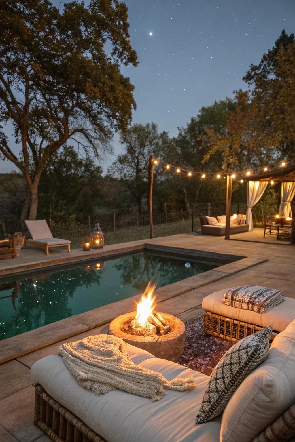 A poolside heat source creates a cozy year-round spot.