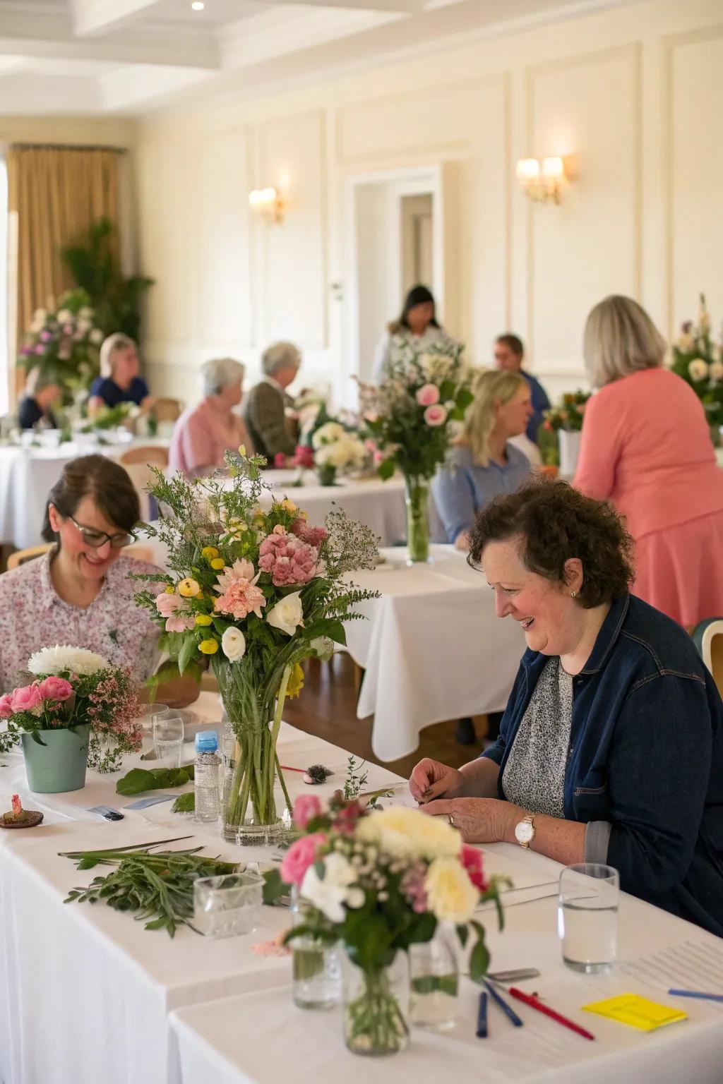Attendees delighting in a DIY floral workshop at a wedding held at home.