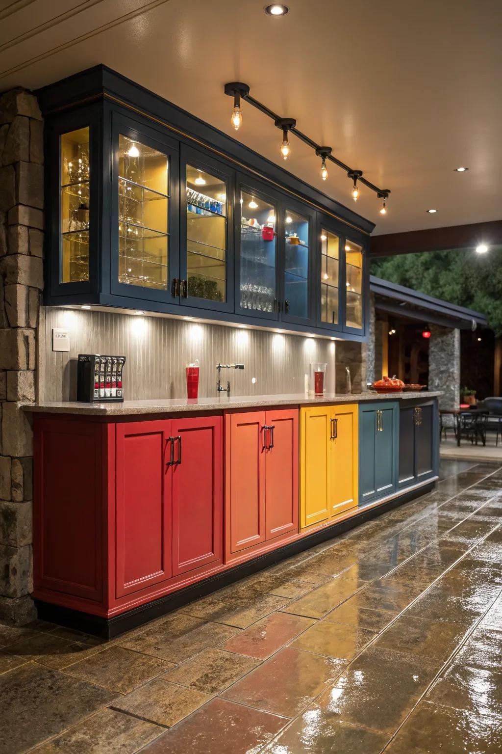 Bold colored cabinetry bringing energy to a small wet bar.