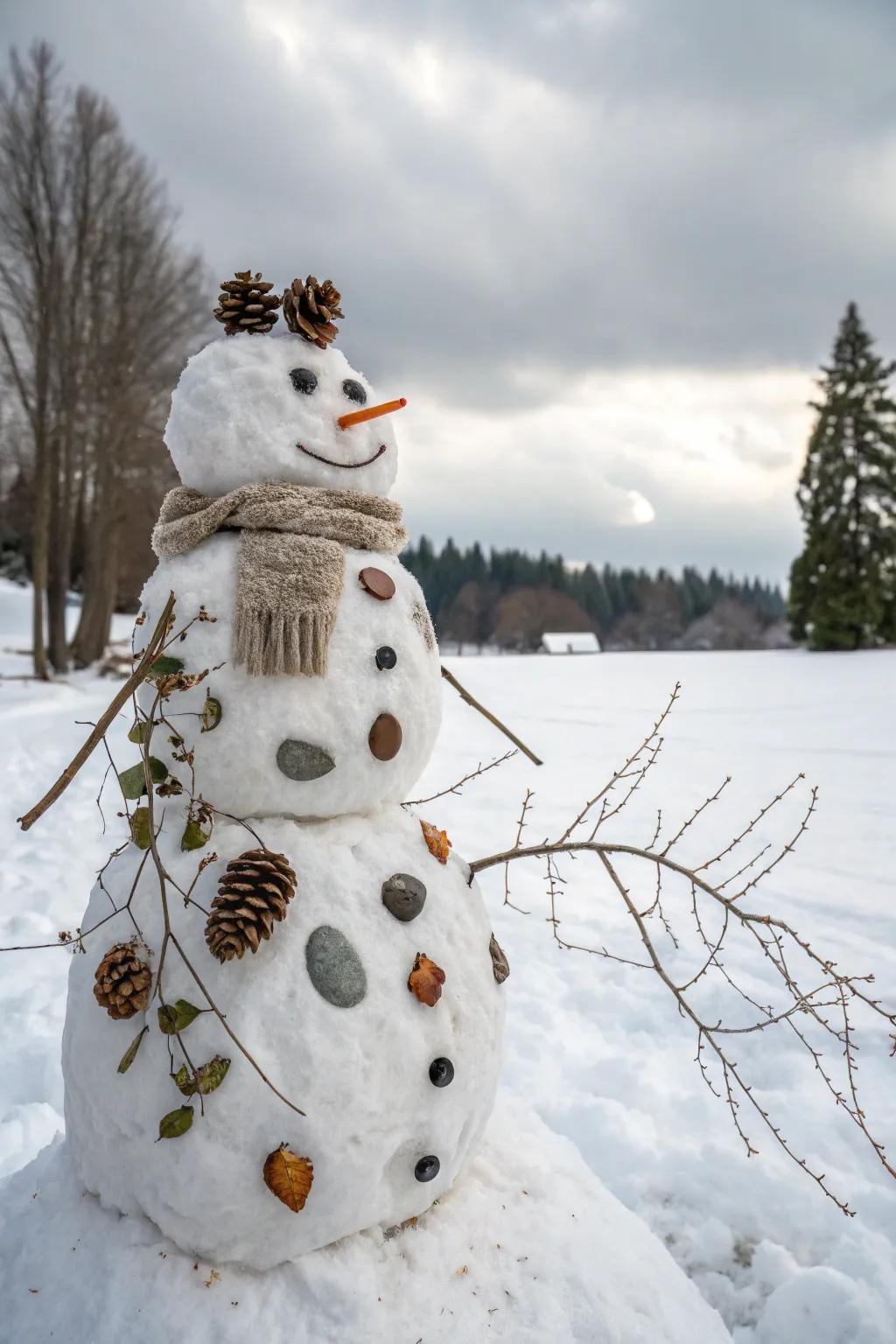 An eco-friendly snowman adorned with natural elements.