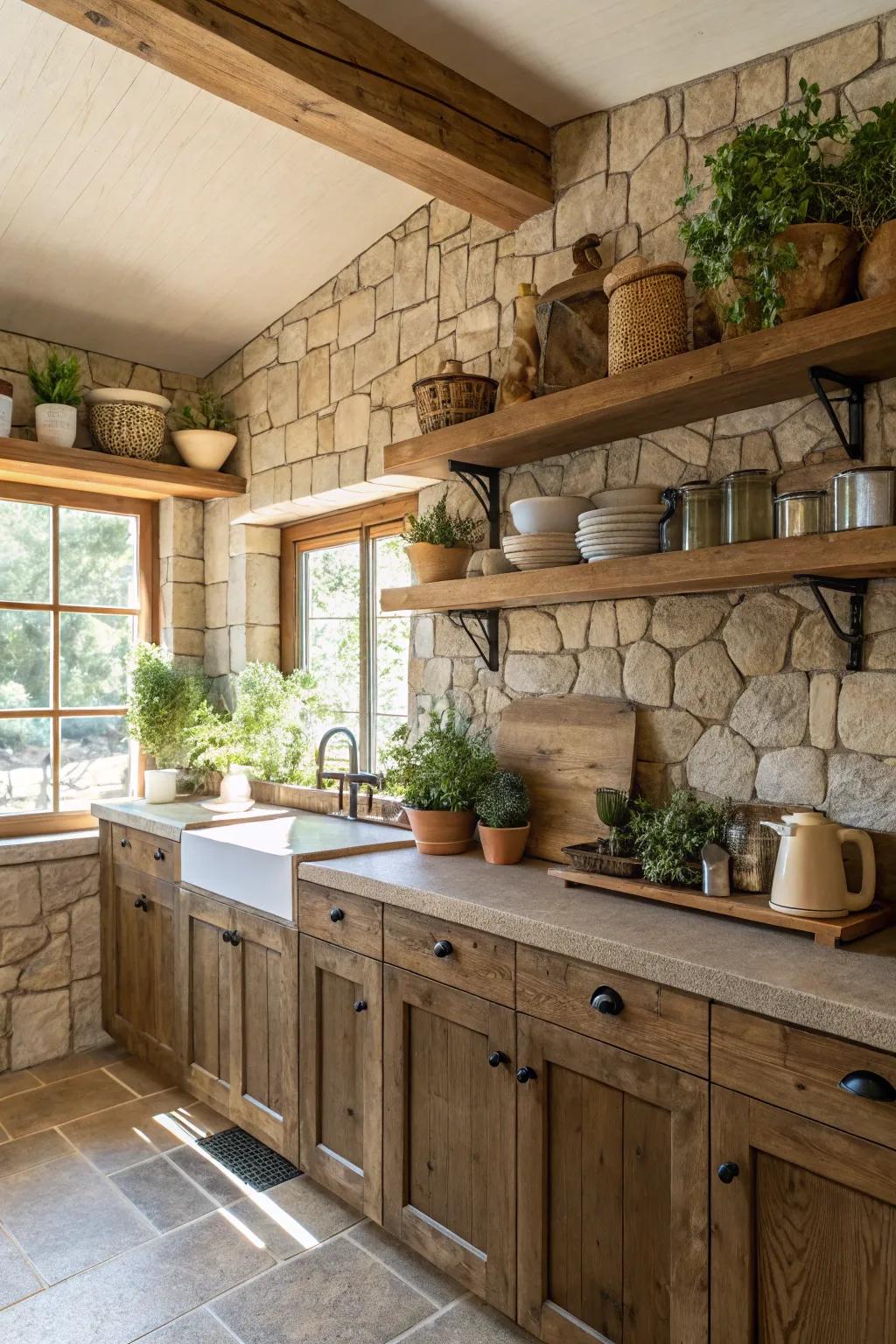 Stone and timber components cultivate a natural and earthy cooking space ambiance.