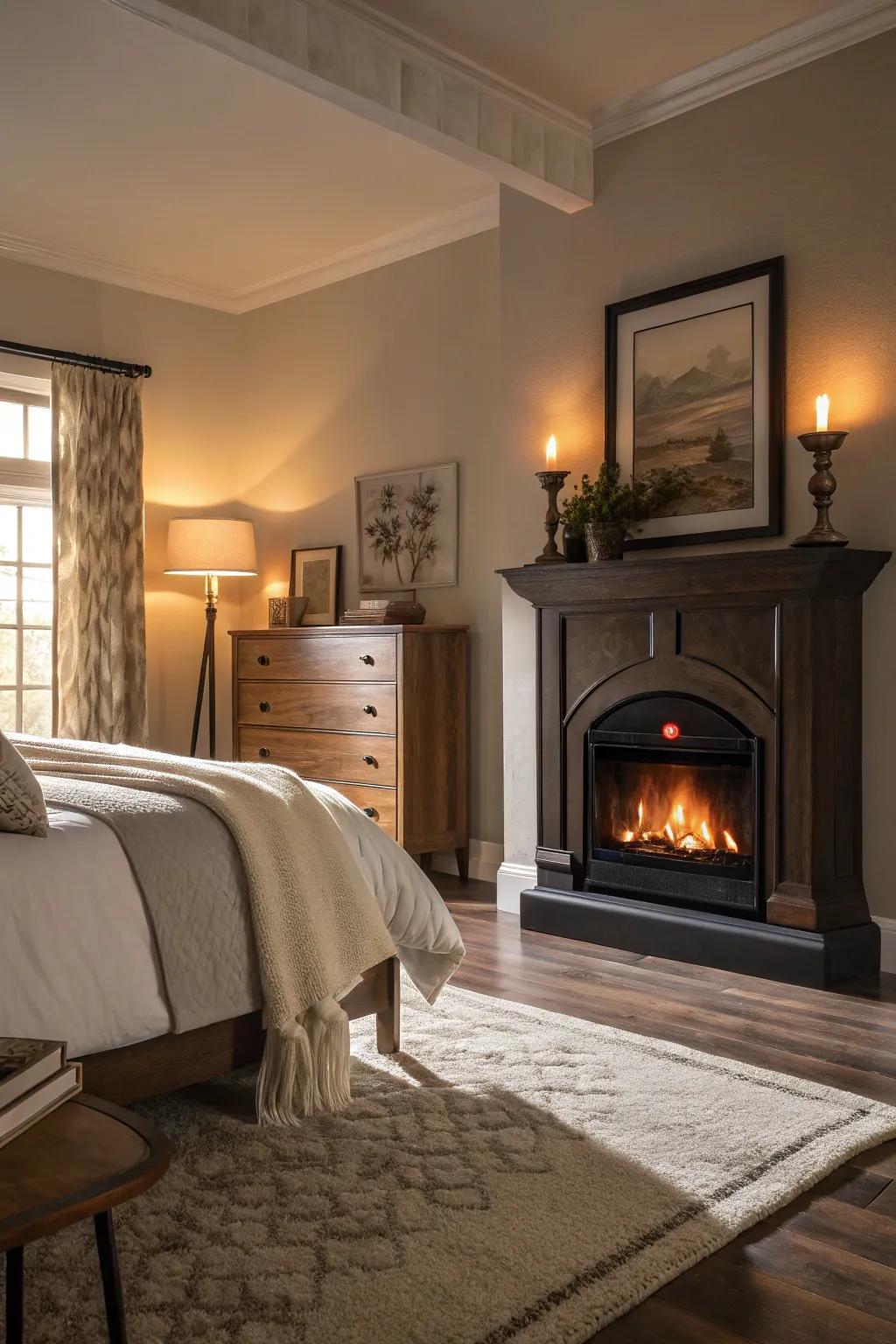 An electric fireplace incorporates cozy warmth to your bedroom.