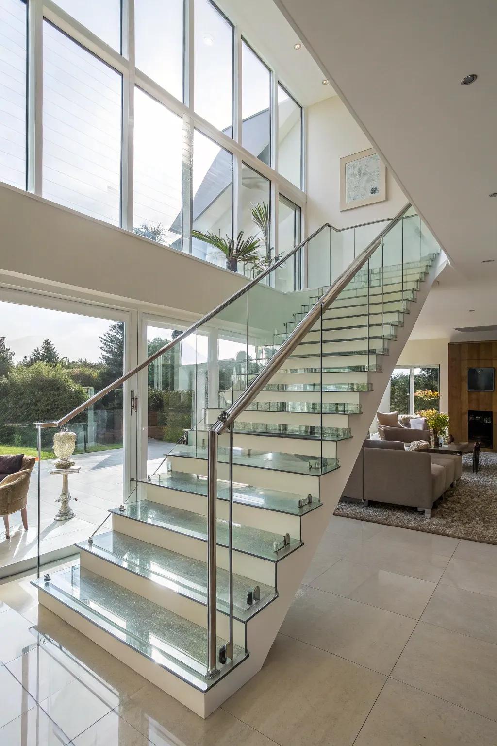 Glass balustrades create an open and airy feel for this staircase.