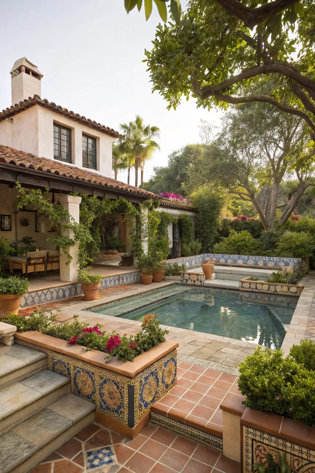 Integrated seating spaces offer a cohesive look in this Spanish-inspired backyard.