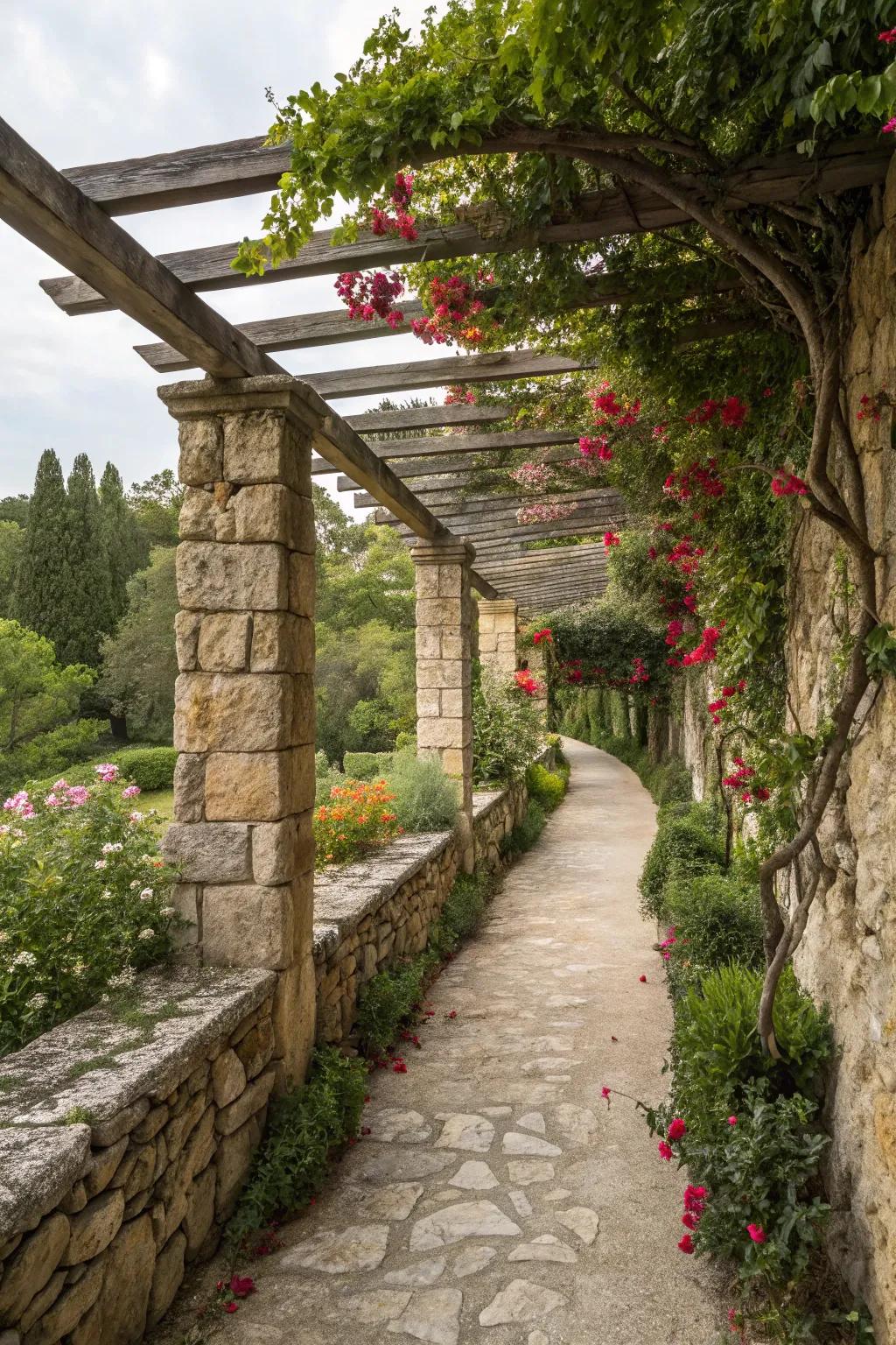 Stone features help the pergola blend in with its environment.