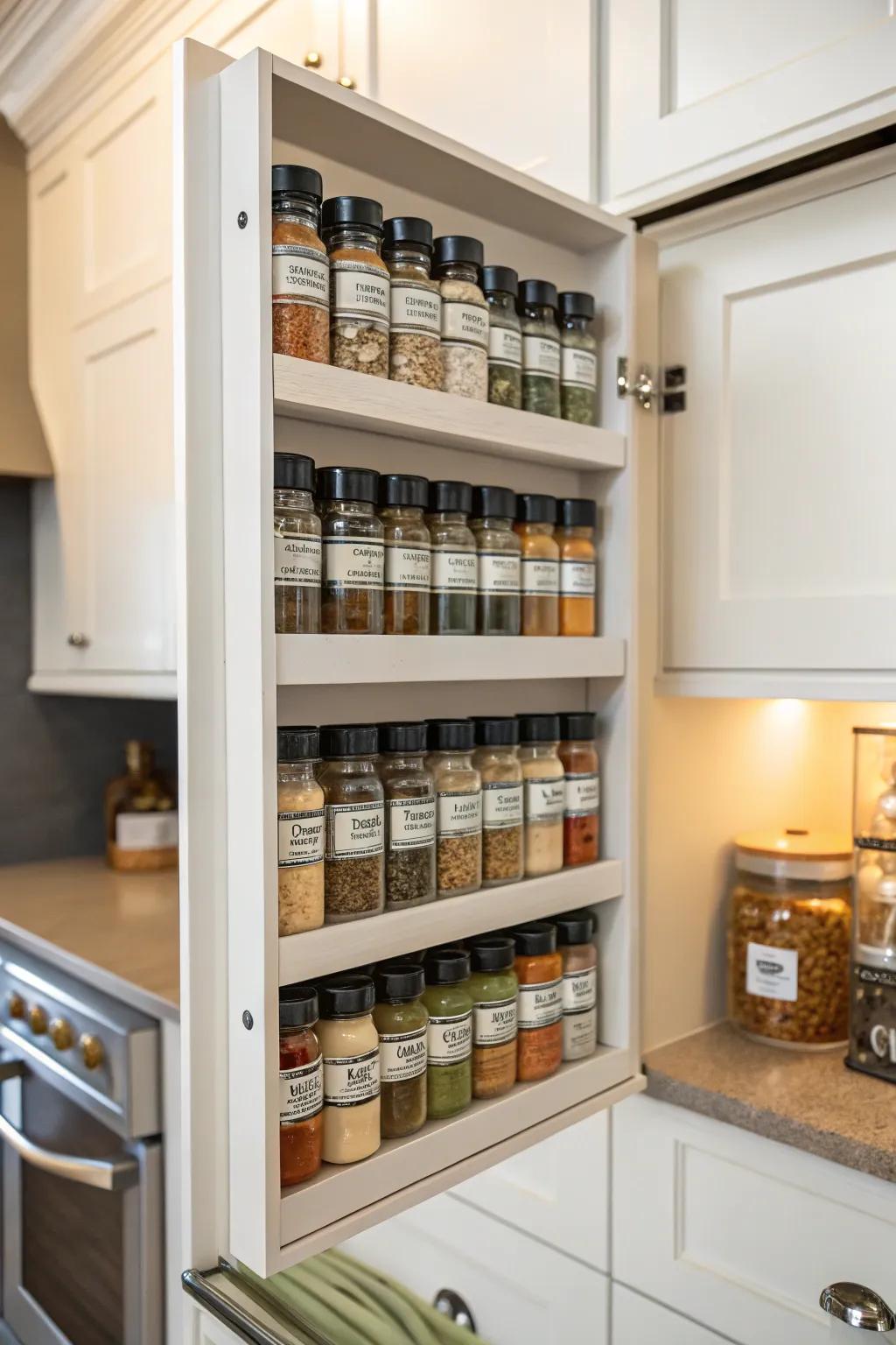 A sleek U-shaped spice rack that integrates seamlessly into cabinets.