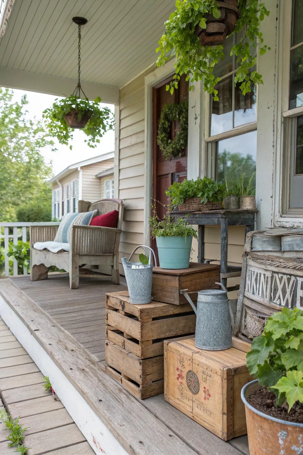 Vintage discoveries infuse a hint of sentimentality and allure into your porch.