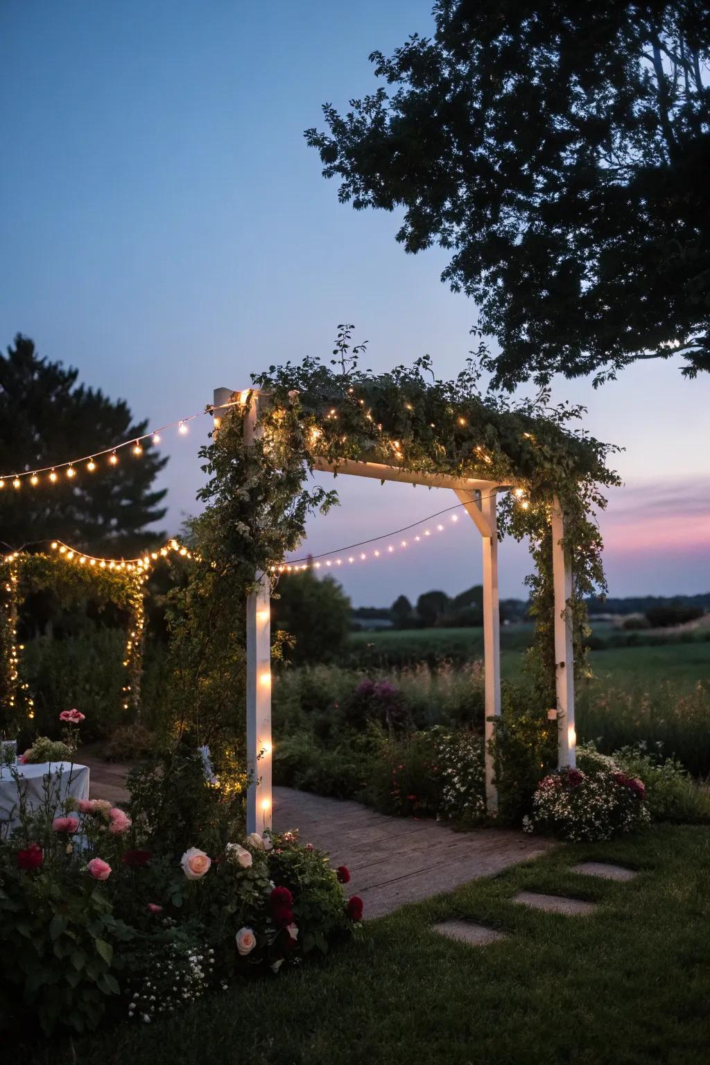 A magical square arch illuminated using fanciful string lights.