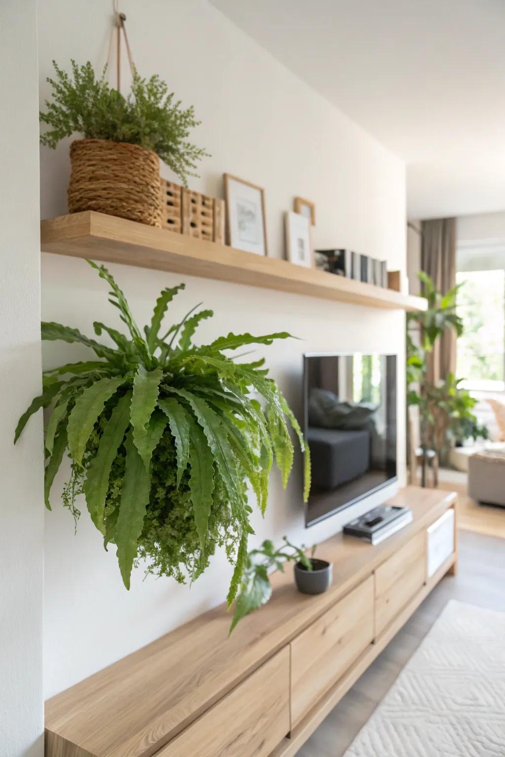 A wall-mounted plane offers a sleek and simple way to display a staghorn fern.