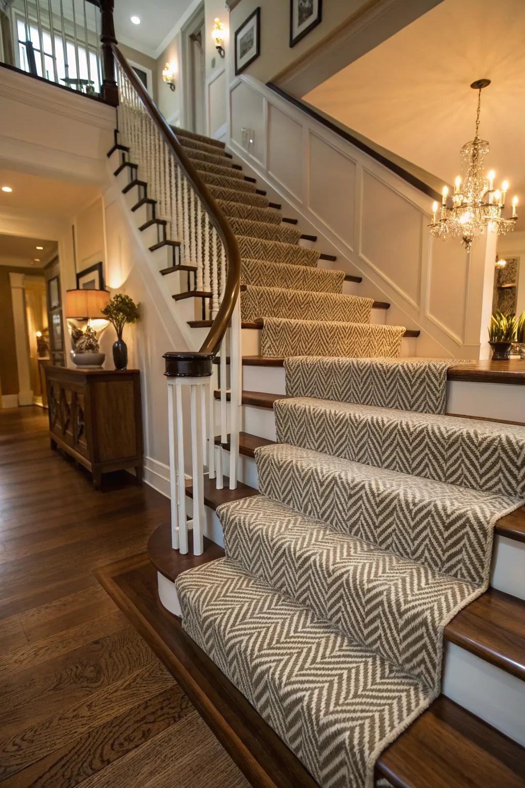 Herringbone patterns offer timeless appeal for any staircase.