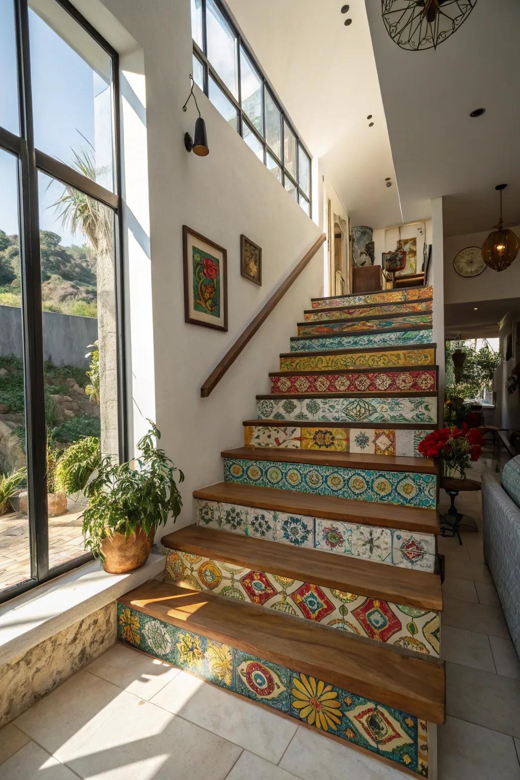 Tiled risers add artful hue and pattern to this staircase.