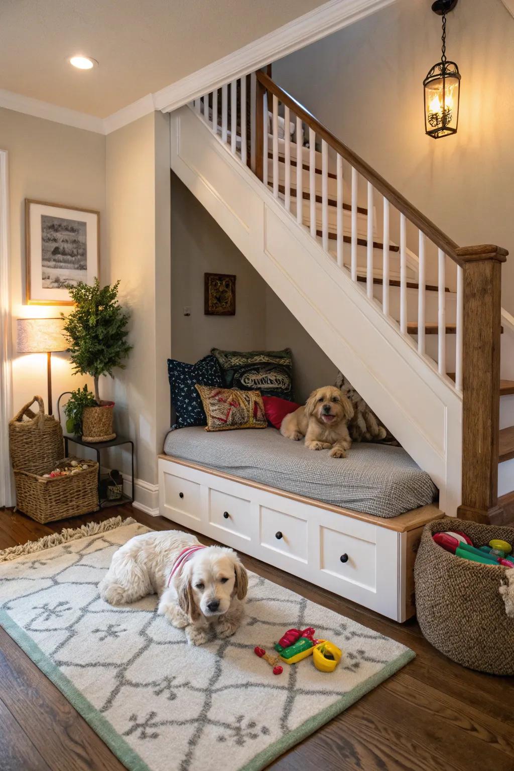 Spoil your pets with their own special nook beneath the staircase.