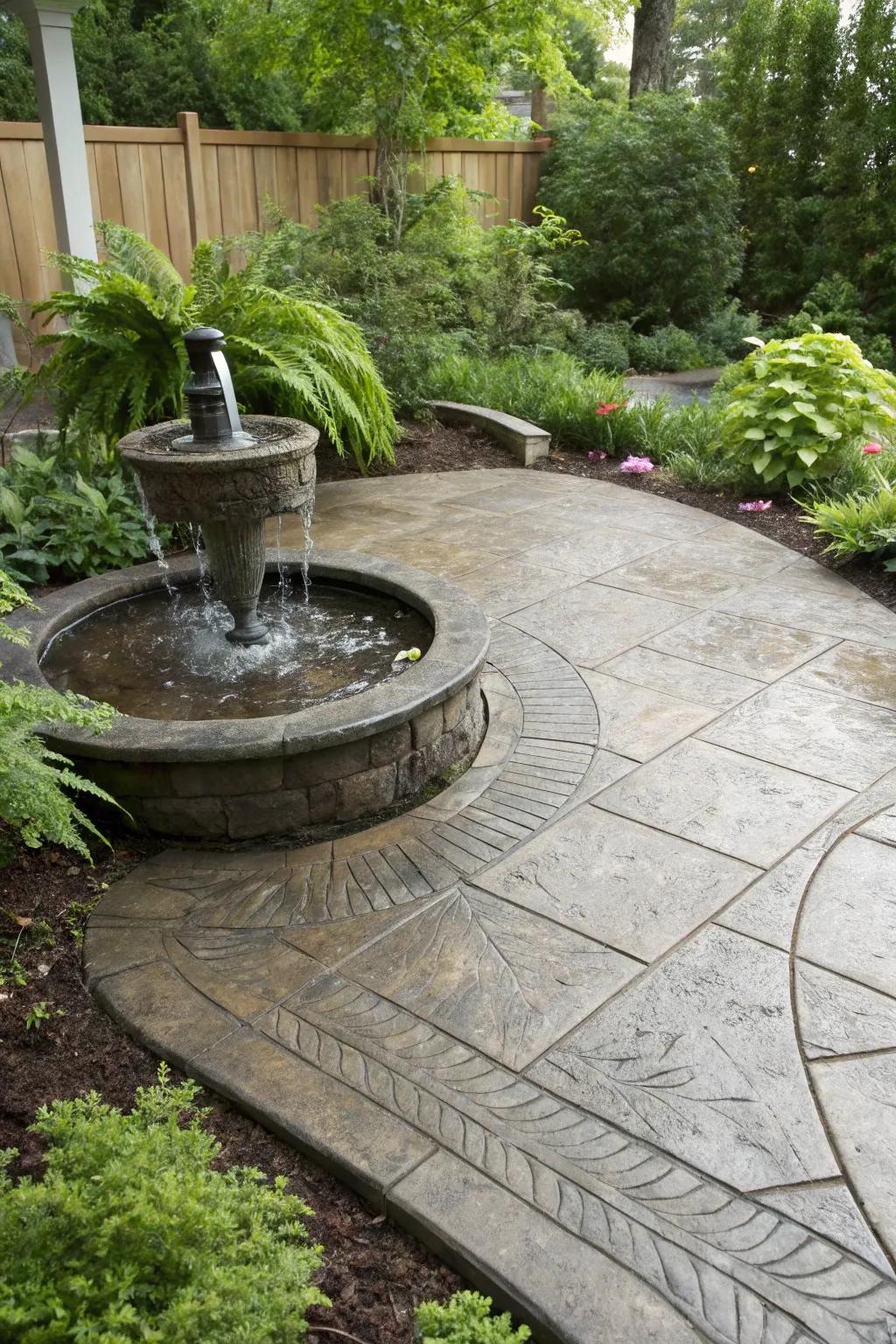 A stamped concrete patio enhanced by a soothing water feature.