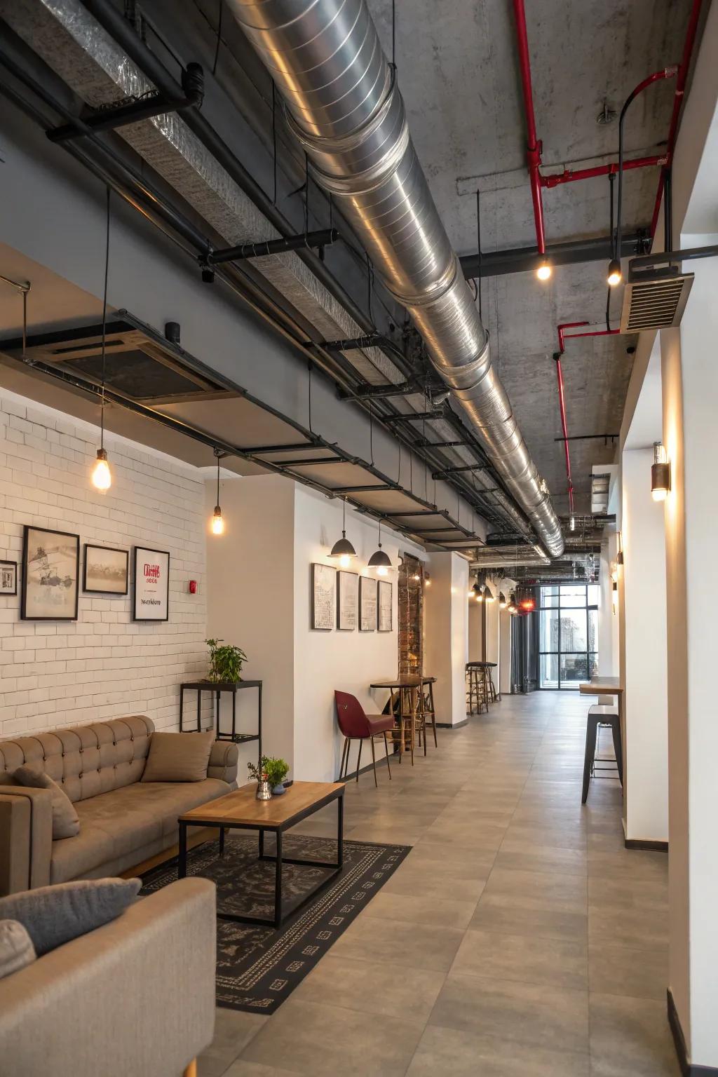 Uncovered pipelines contribute to the industrial charm of a steampunk space.