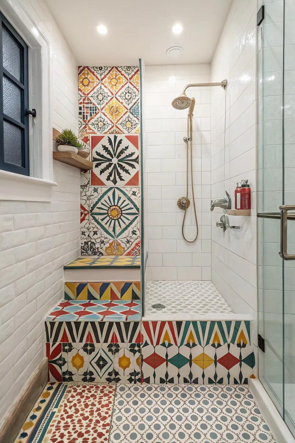 Step-down shower exhibiting striking and elaborate patterned tiling.