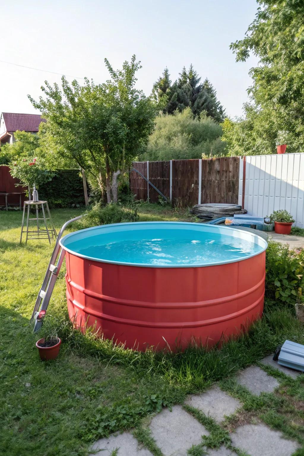 A bold color transforms the exterior of a stock tank pool.