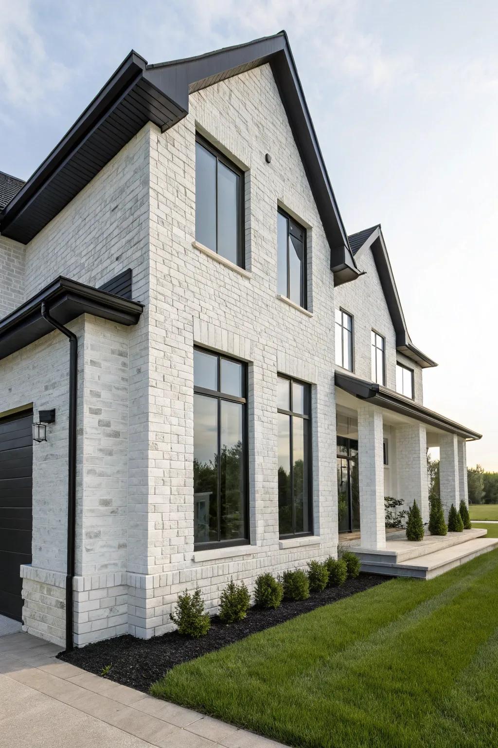 Striking comparison achieved by using white brick and black stone.