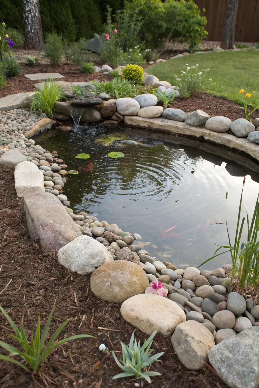 Adorn your pond beautifully with stones and mulch.