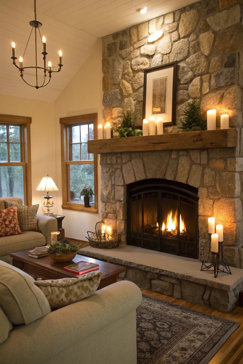 An inviting space featuring a stone fireplace and a candlelit mantel.