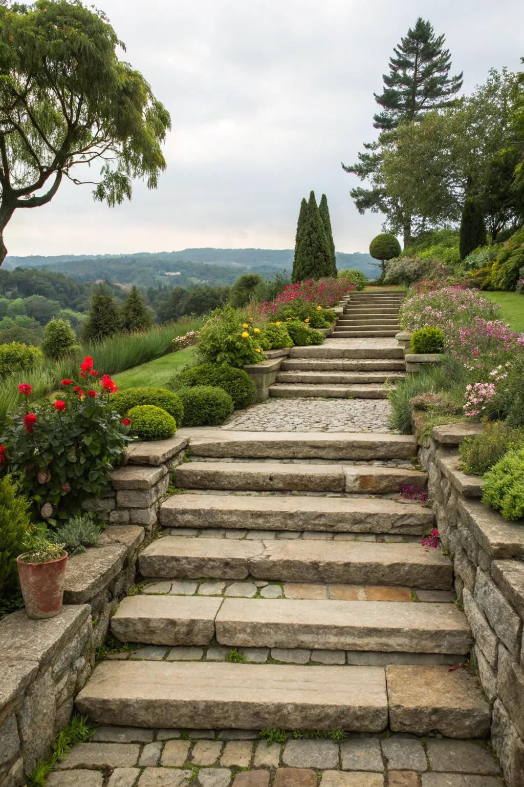 Stone stairway path contributes depth and dimension to your garden.