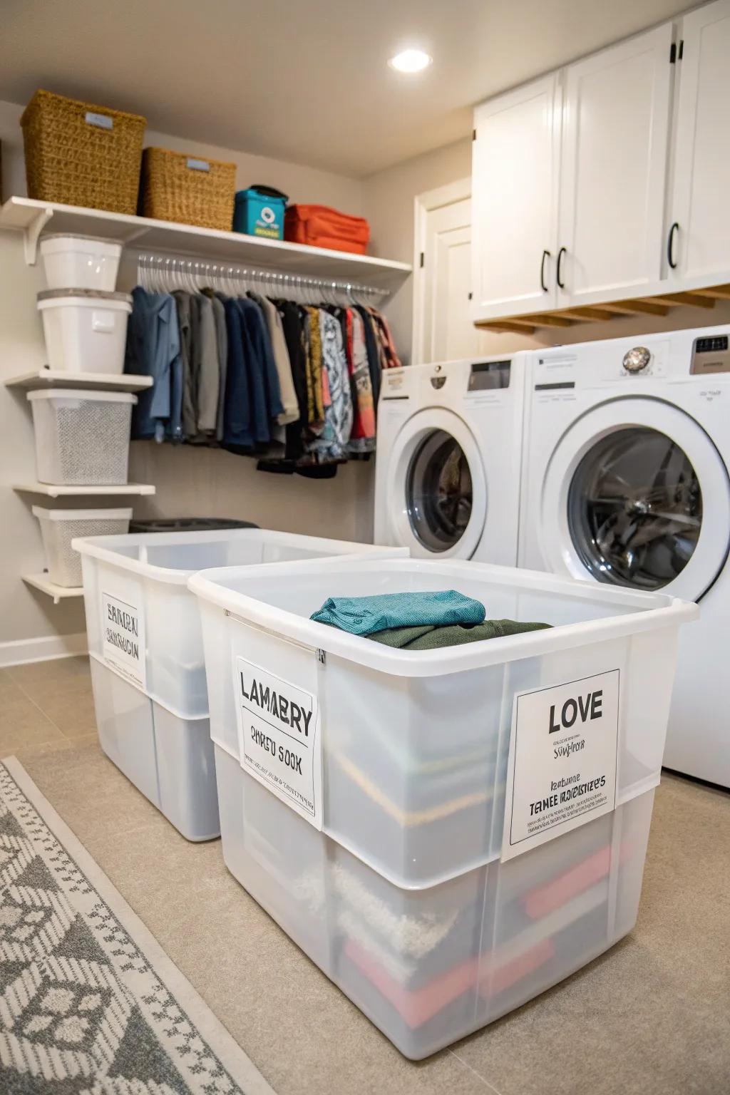 Plastic bins make laundry day more efficient.
