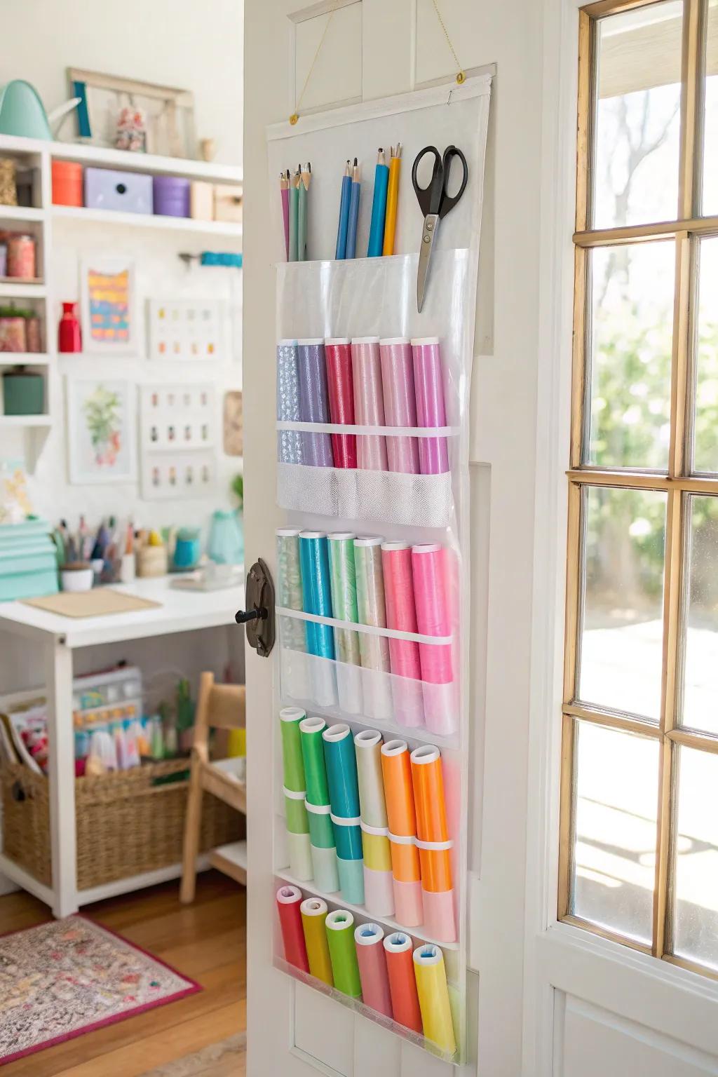 Organizers that go over the door keep vinyl rolls subtle and accessible.