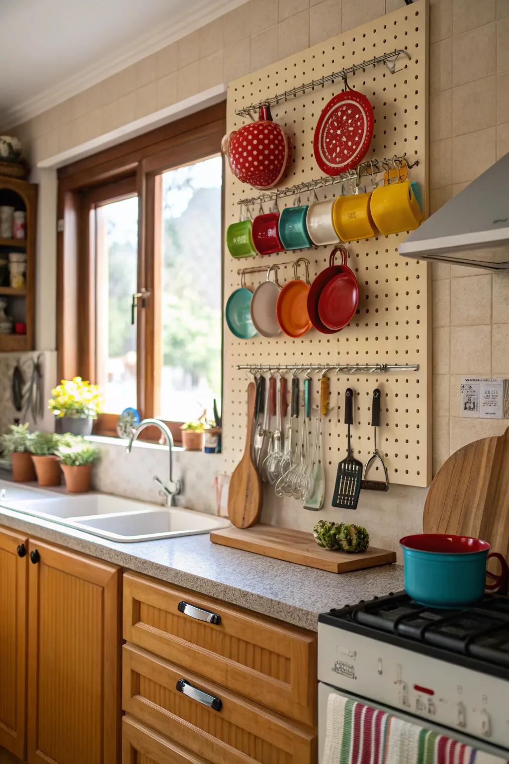 The kitchen uses a pegboard to hold pots and utensils.