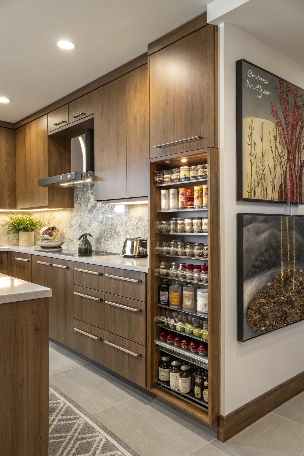 Behind a piece of artwork, there's a hidden spice rack in the kitchen.