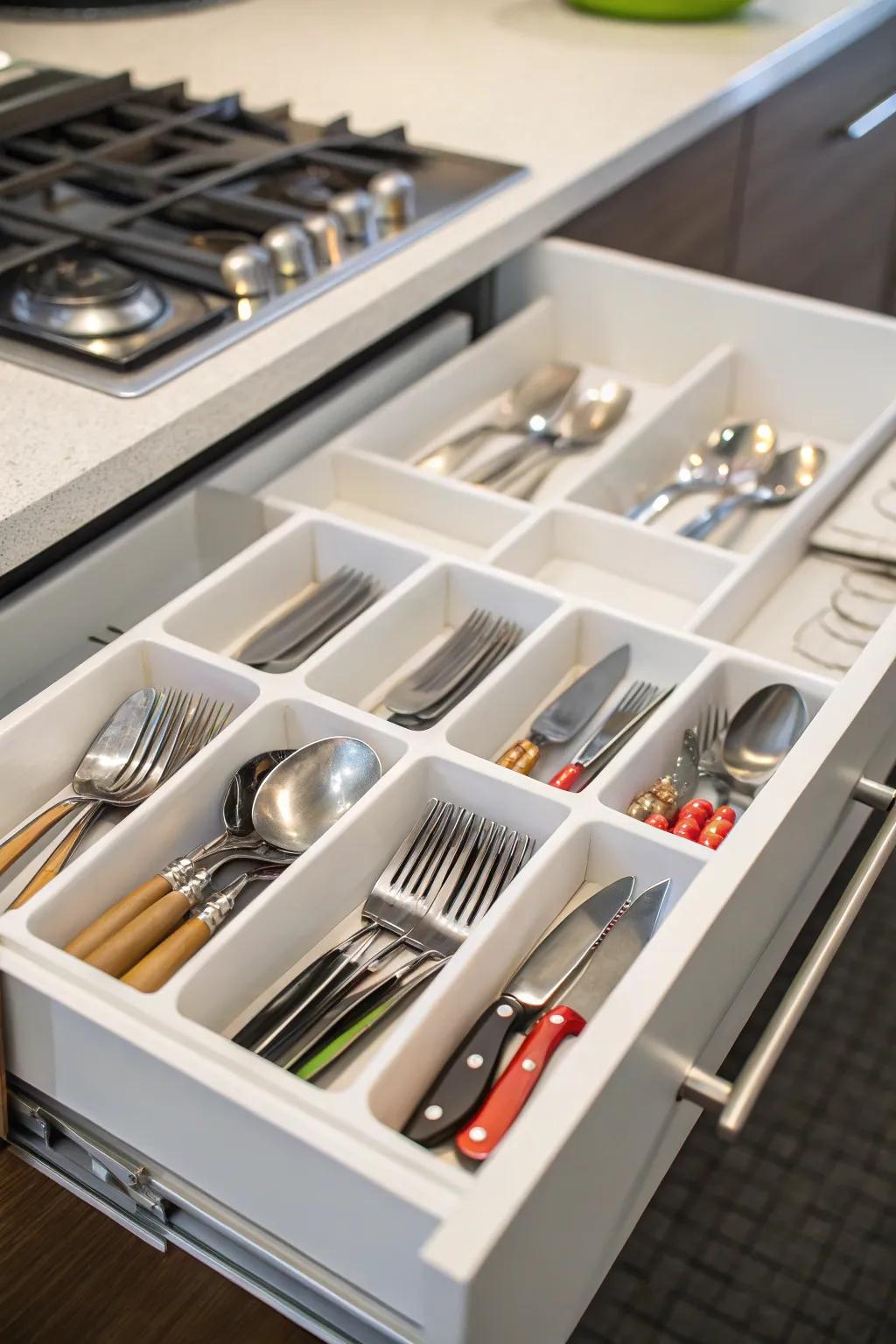 Drawer partitions keep items neatly separated.