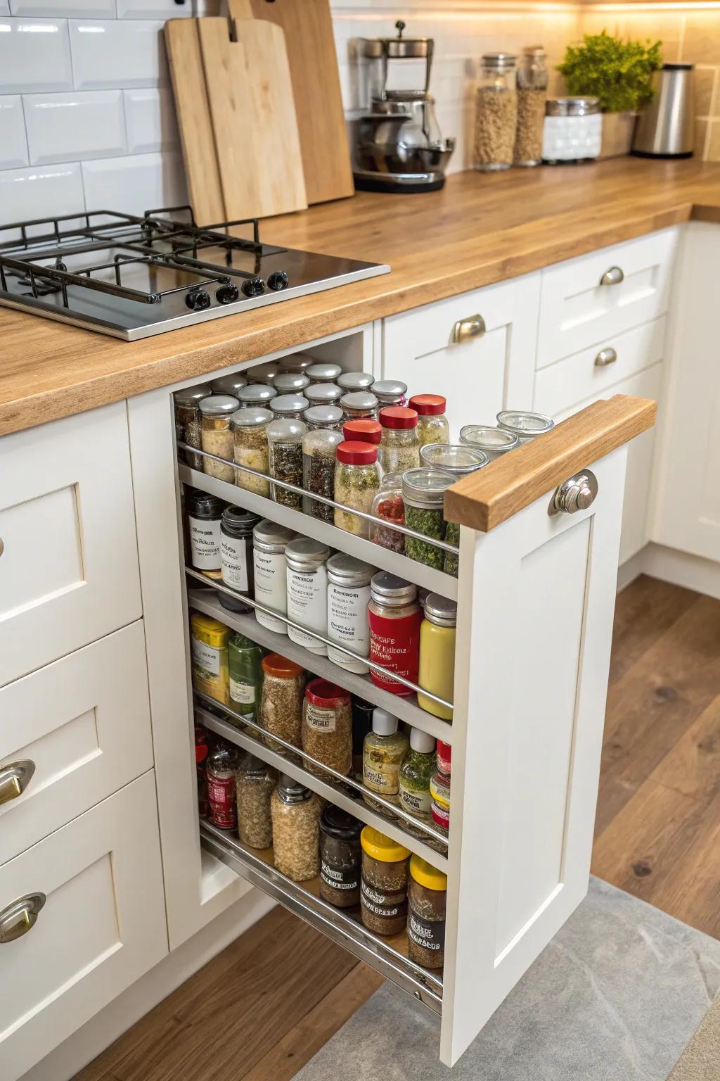 Keep your spice assortment organized within a hidden, slide-out rack.