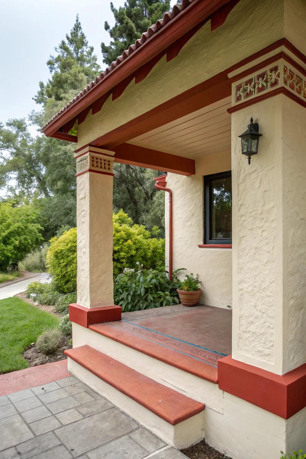 Color contrasts build a striking appearance on this stucco porch.
