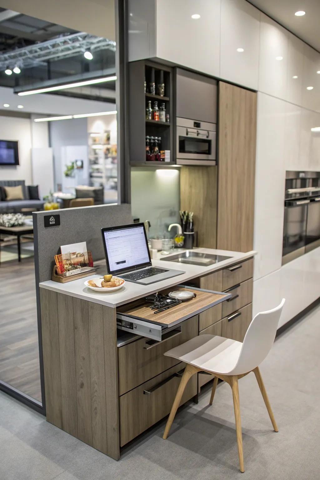 A hidden workspace adds versatility to a studio kitchen.