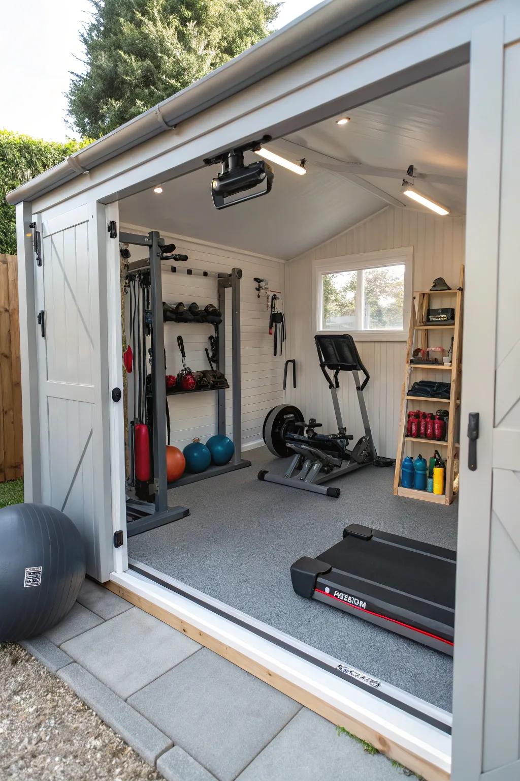 A convenient home gym setup in a studio shed.