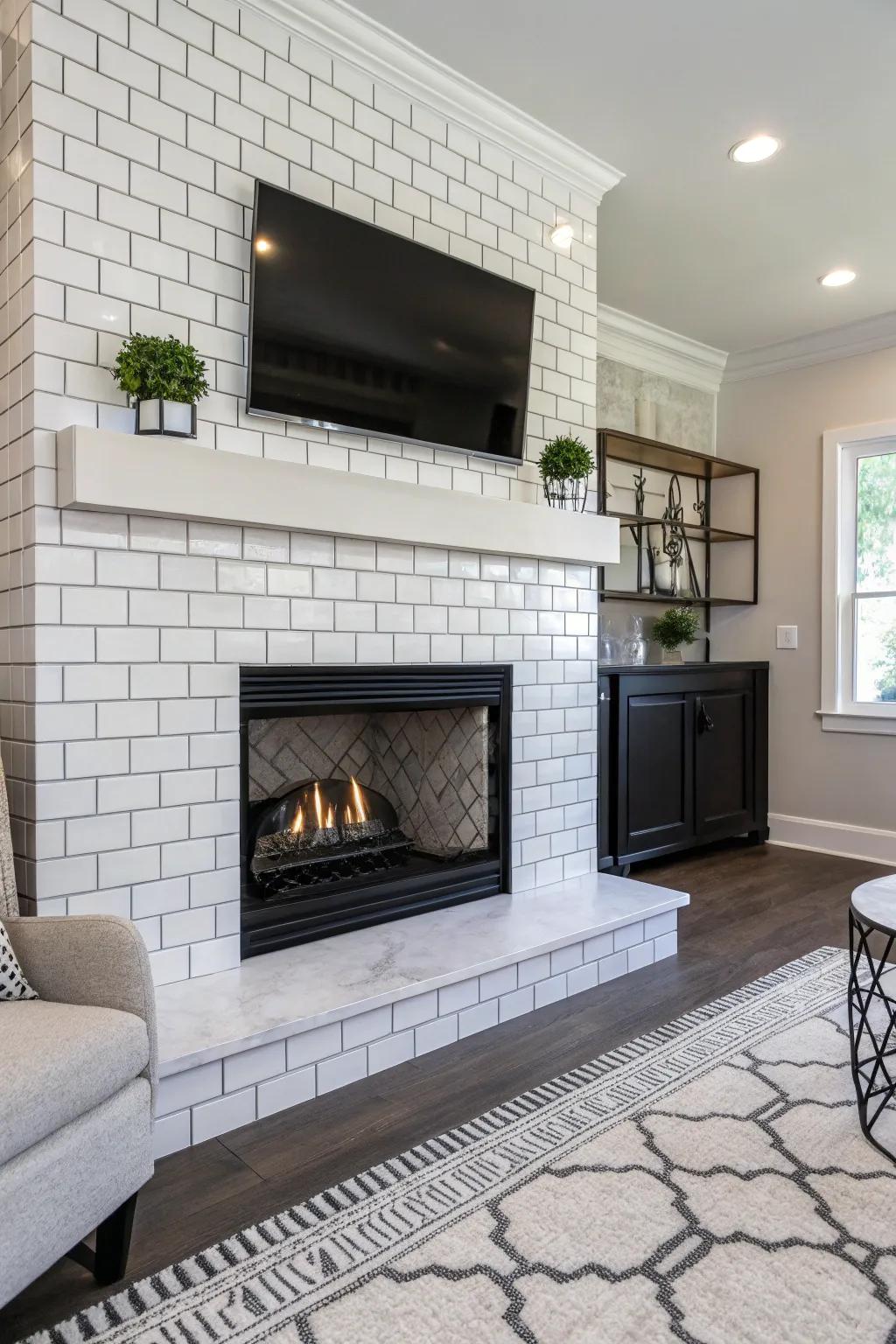 Single-color rectangular tiles deliver timeless sophistication to any fireplace.