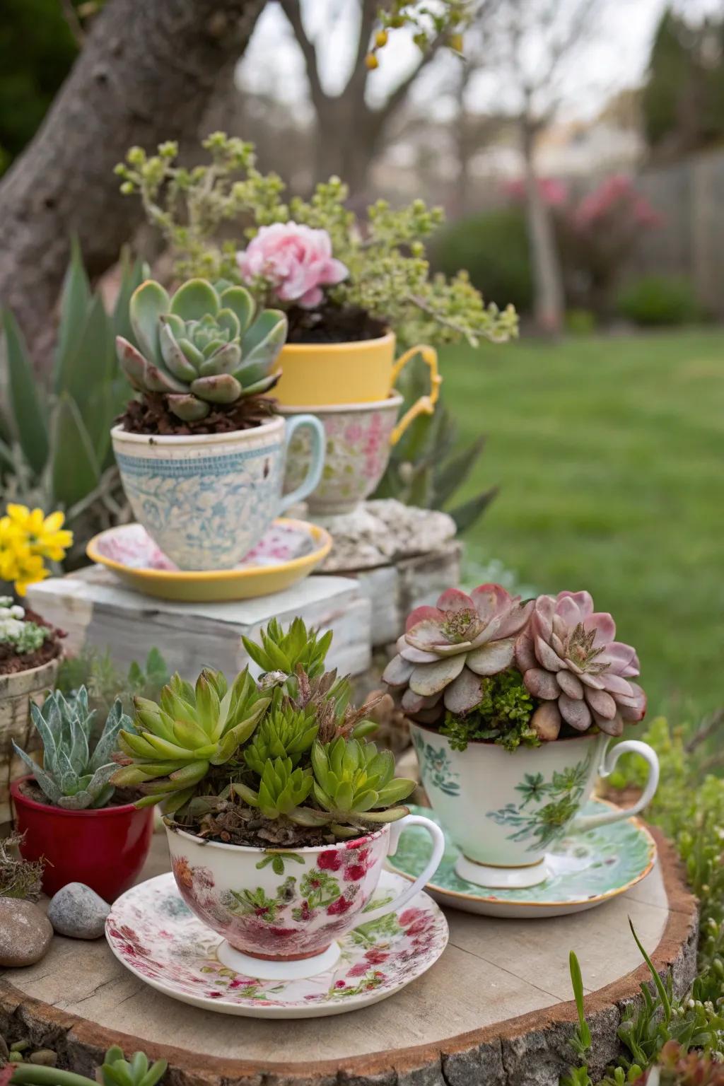 A whimsical and playful exhibition of succulents in mismatched containers and teacups.