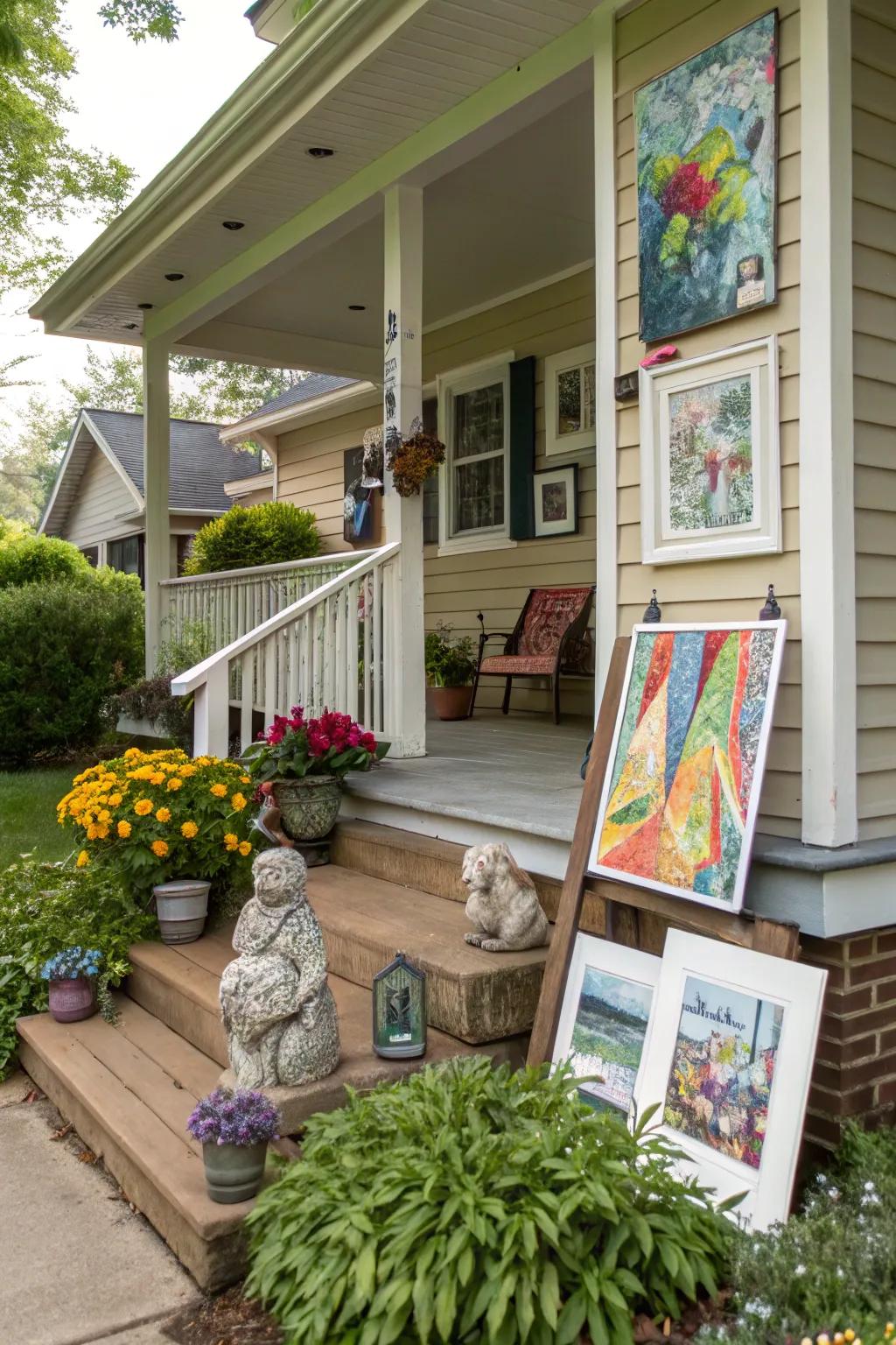 Outdoor artistry enriches the porch with an imaginative touch.